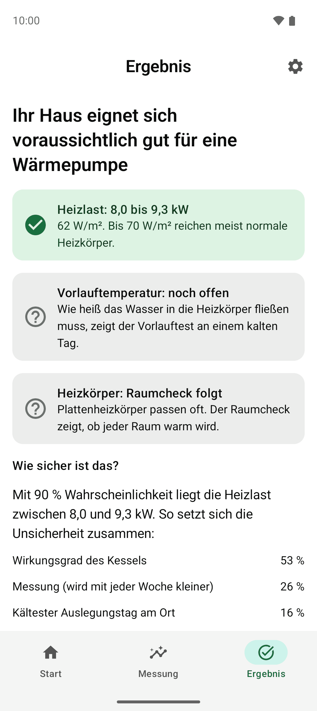 Ergebnis mit Ampeln für Heizlast, Vorlauf und Heizkörper