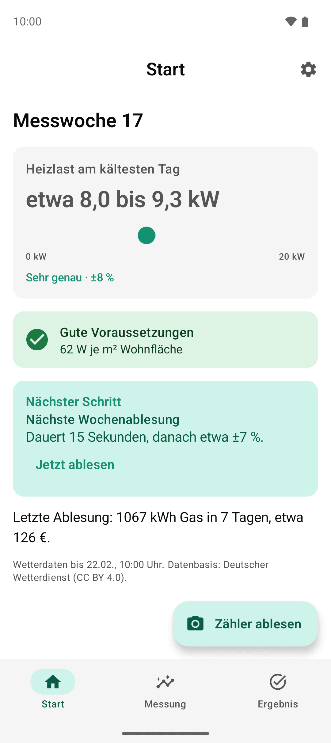 Startbildschirm der App mit Heizlast 8,0 bis 9,3 kW